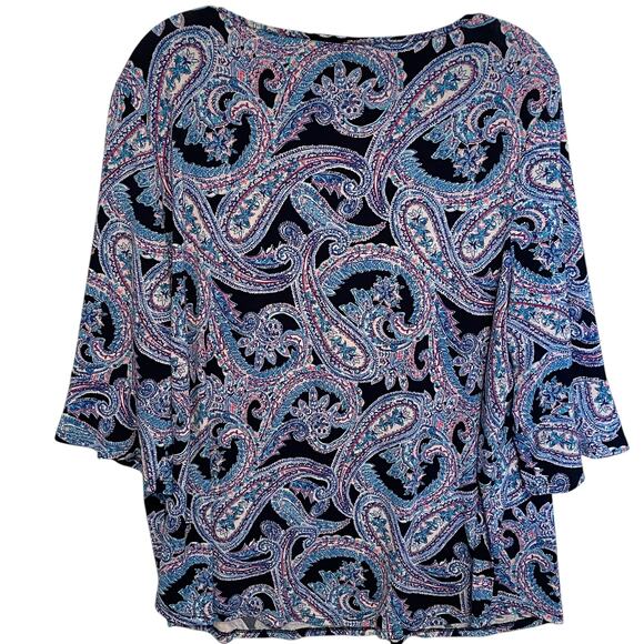 Roz & Ali Paisley Top Womens Size 2X Turquoise Pink Bell Sleeve Blouse - Picture 5 of 9